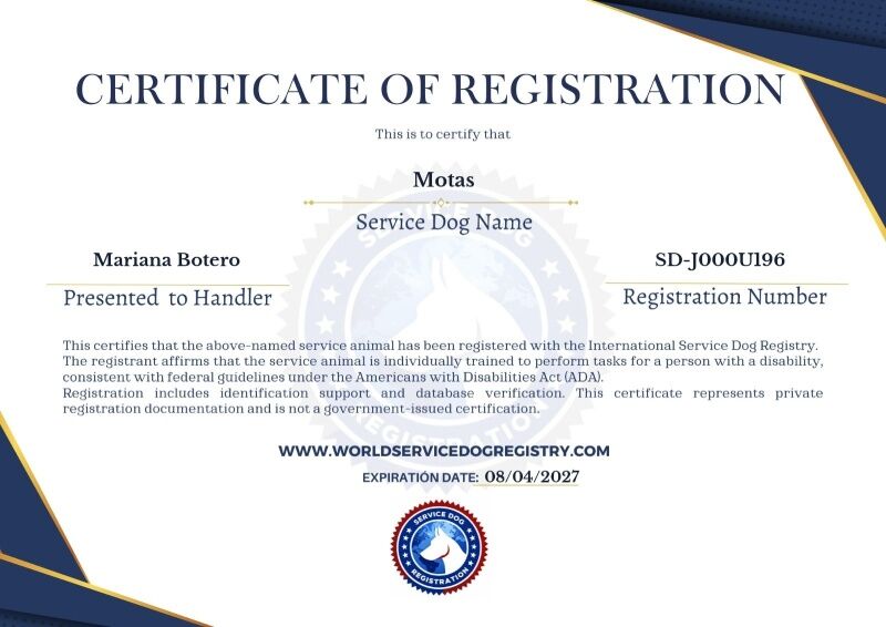 Service dog registration certificate